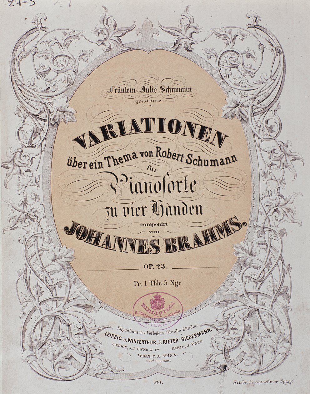 Frontispis "Variace na téma Roberta Schumanna" (op. 23) od Johannese Brahmse (1833-1897) od German School