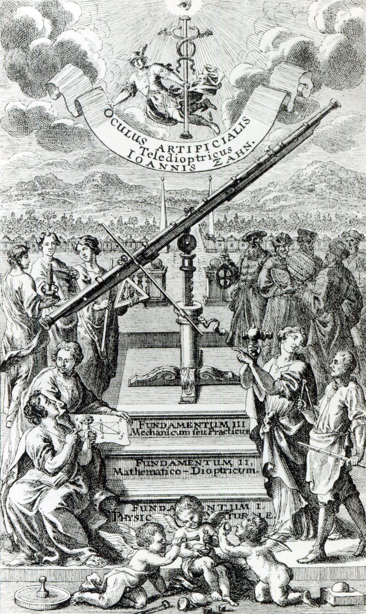 Frontispis k Oculus Artificialis Teledioptricus Sive Telescopium od Johanna Zahna, 2. vydání vydané v roce 1702 od German School