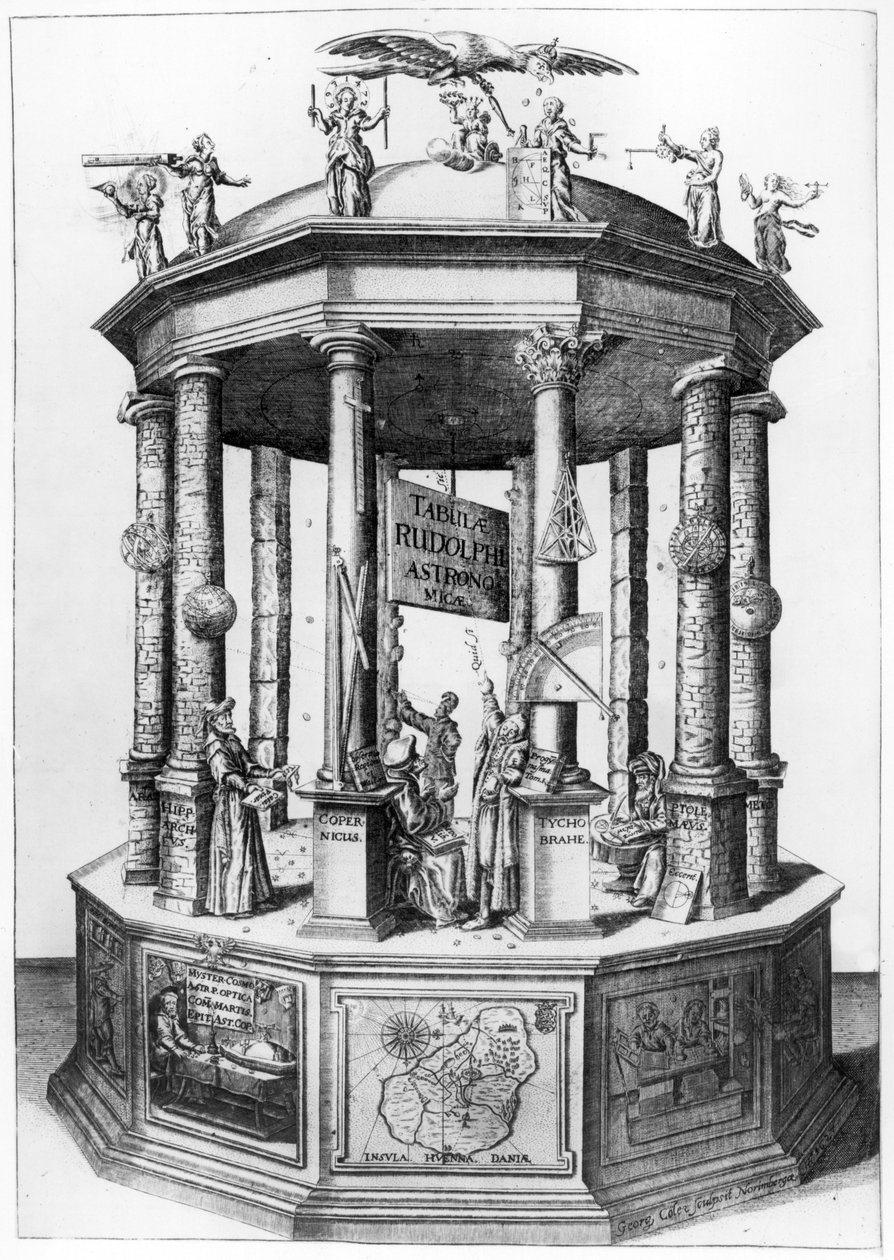 Frontispis k Rudolphine Tables sestavil Johannes Kepler, publikoval v roce 1627 od German School