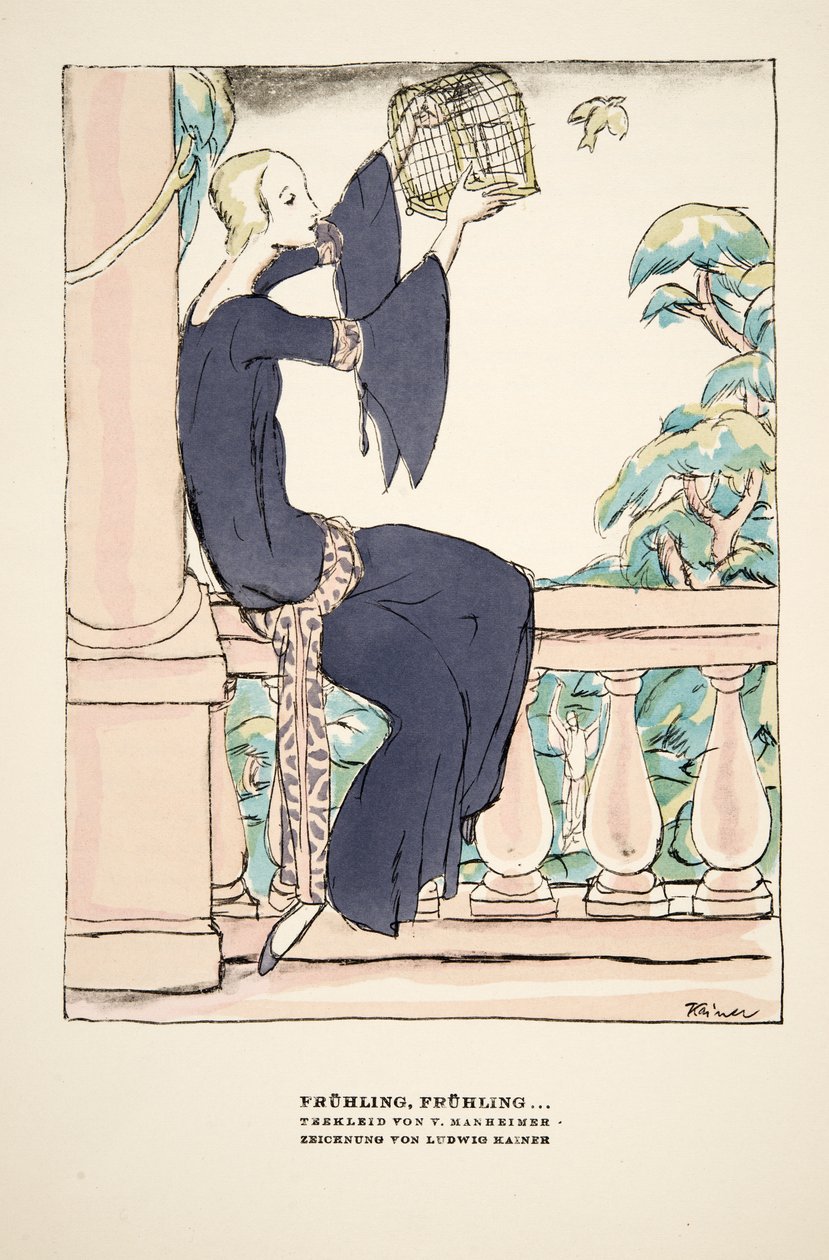 "Frühling, Frühling", reklama na čajové šaty od V. Manheimera, ze Stylu, pub.1922 (pochoárový tisk) od German School