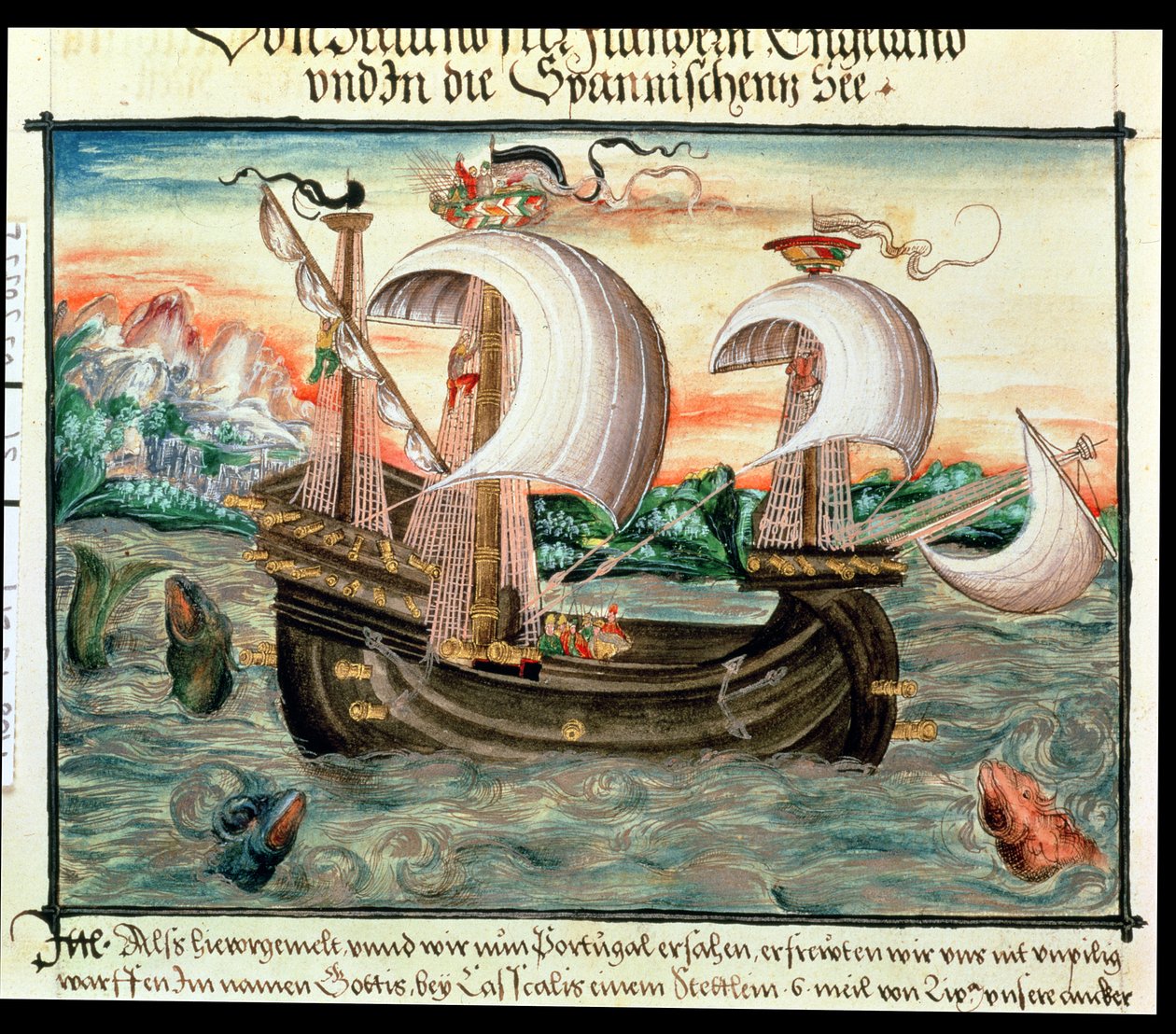 Galeona v plné plachtě na cestě do Portugalska, ilustrovaná rodinou Color (nebo Kellerů) z Norimberku (vellum) od German School