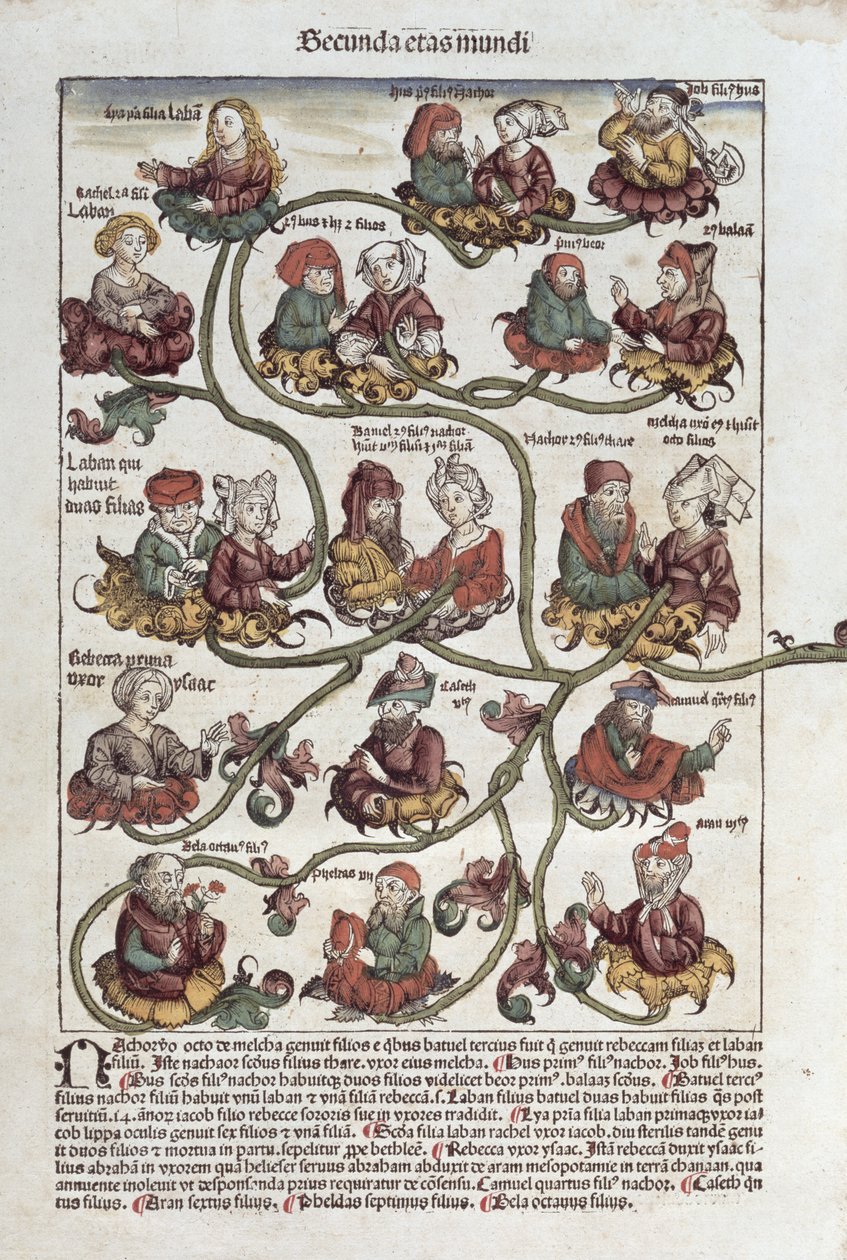 Genealogický strom Laban, z "Liber Chronicarum" Hartmanna Schedela (1440-1514) 1493 (barevný dřevoryt) od German School