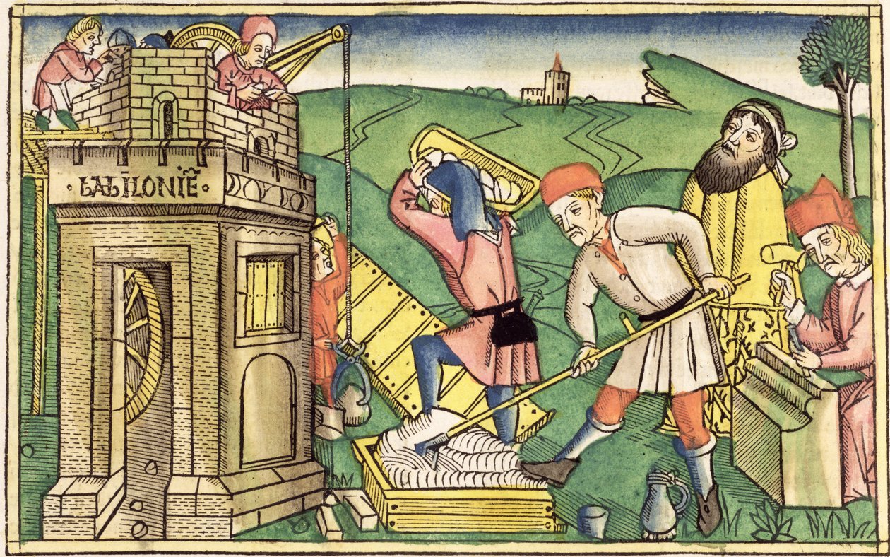 Genesis 11 1-9 Stavba Babylonské věže, z norimberské bible (Biblia Sacra Germanaica) (barevný dřevoryt) od German School