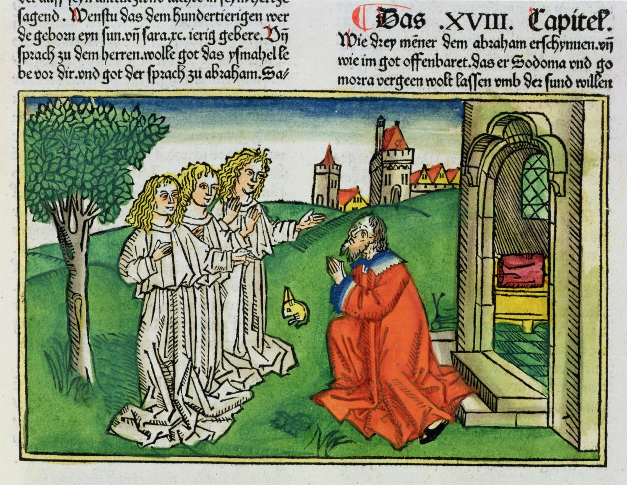 Genesis 18 2 Abraham a tři andělé, z norimberské bible (Biblia Sacra Germanaica) (barevný dřevoryt) od German School