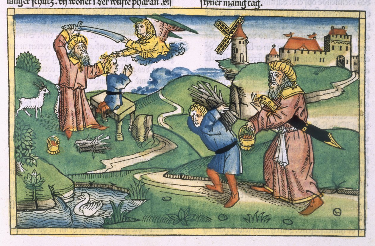 Genesis 21 1-14 Abrahamovi obětovali Izáka z norimberské bible (Biblia Sacra Germanaica) (barevný dřevoryt) od German School