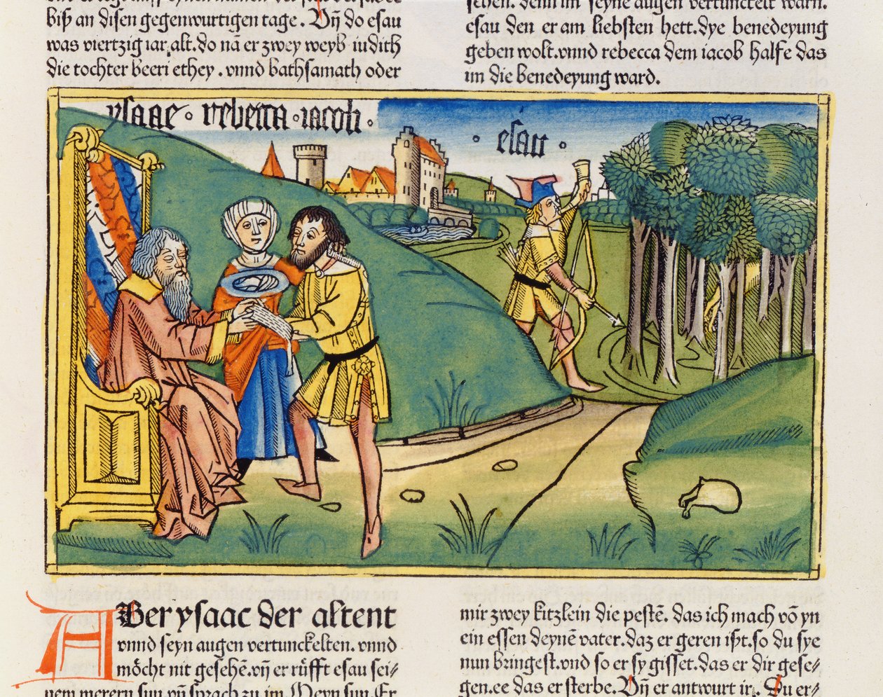 Genesis 27 6-29 Jacob dostává Izákovo požehnání z norimberské bible (Biblia Sacra Germanaica) (barevný dřevoryt) od German School