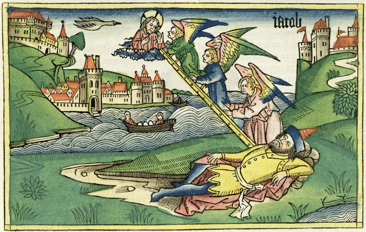 Genesis 28 10 Jacobs Ladder, z norimberské bible (Biblia Sacra Germanaica) (barevný dřevoryt) od German School