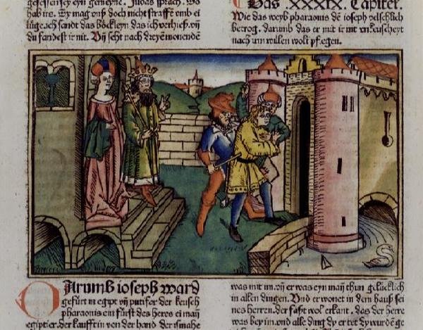 Genesis 39 19-23 Innocent Joseph je uvězněn, z „Norimberské bible (Biblia Sacra Germanaica)“ (barevný dřevoryt) od German School