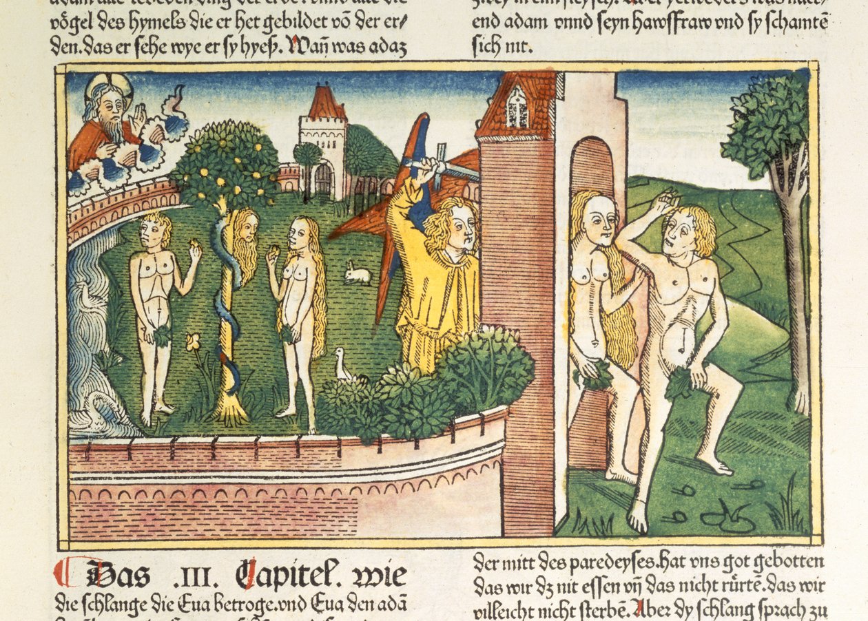 Genesis 3 1-24 Pokušení a vyhnání z ráje, z norimberské bible (Biblia Sacra Germanaica) (barevný dřevoryt) od German School