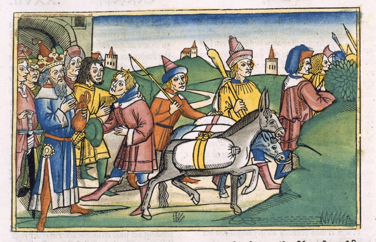 Genesis 41 14-24 Faraonův sen, z „Norimberské bible (Biblia Sacra Germanaica)“ (barevný dřevoryt) od German School