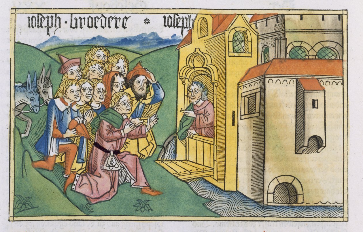 Genesis 42 1-5 Josefovi bratři přijíždějí do Egypta, z „Norimberské bible (Biblia Sacra Germanaica)“ (barevný dřevoryt) od German School