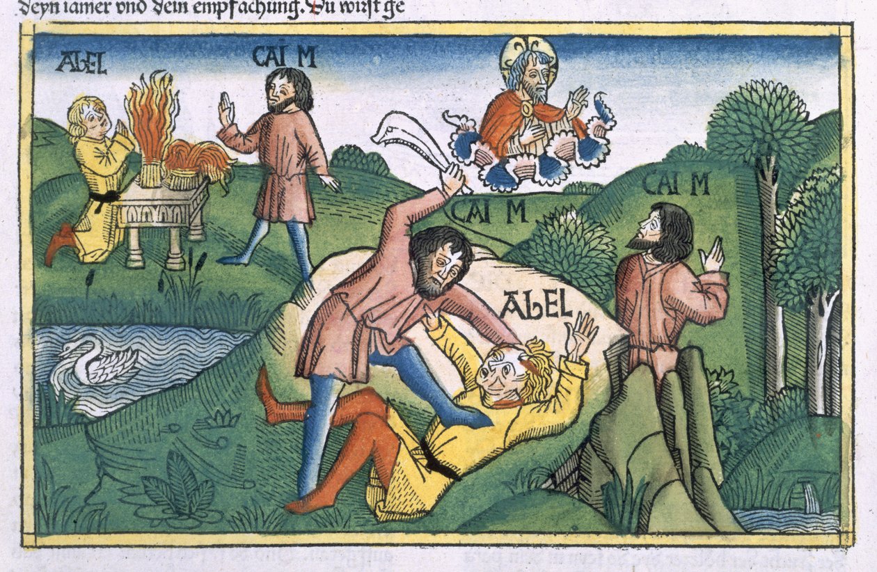 Genesis 4:8 Kain zavraždil Ábela, z ‚Norimberské bible (Biblia Sacra Germanaica)“ (barevný dřevoryt) od German School