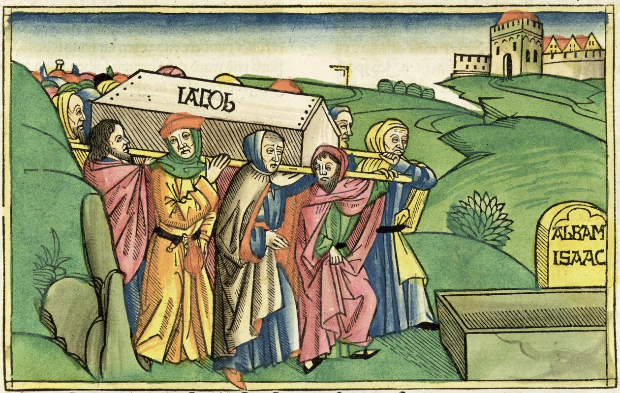 Genesis 49:28-33 Pohřeb Jákoba z norimberské bible (Biblia Sacra Germanaica) (barevný dřevoryt) od German School