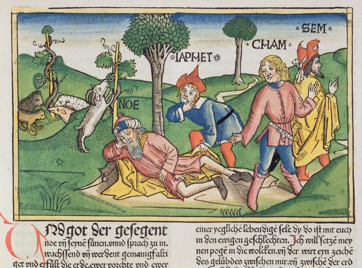 Genesis 9 20-27 Noe zahalený pláštěm svými syny Shemem, Hamem a Japethem z norimberské bible (Biblia Sacra Germanaica) (barevný dřevoryt) od German School