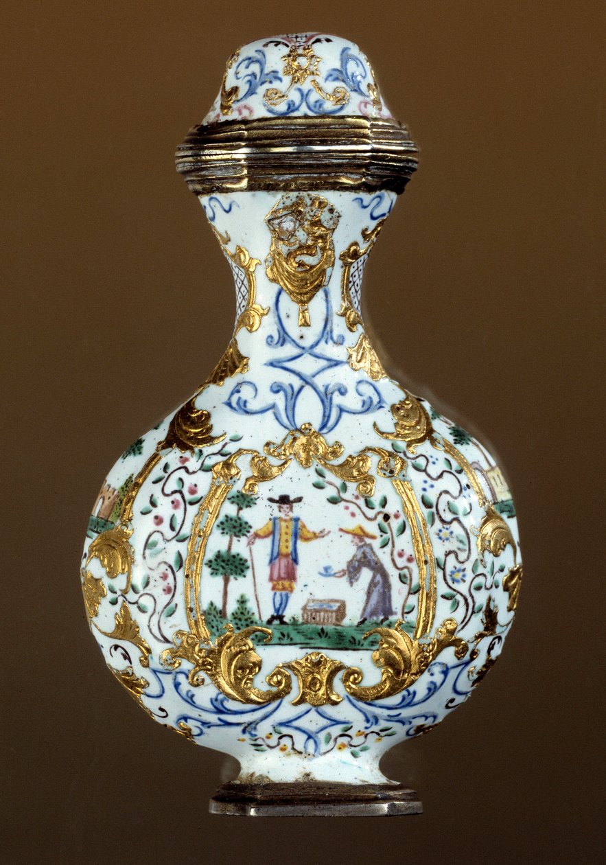 Německé umění: Láhev vůně 18. století (enamaille; scéna chinoiserie) od German School