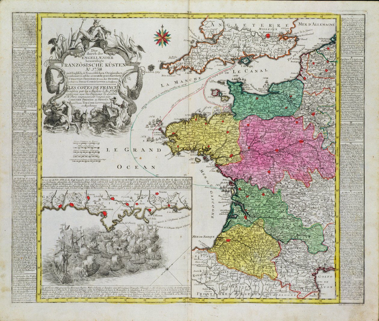 Německá mapa zobrazující anglické námořní útoky na francouzské přístavy v roce 1758 od German School
