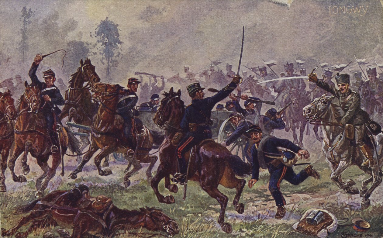 Němečtí husaři dobývají francouzská děla u Longwy, 1. světová válka, 22. srpna 1914 (barevná litografie) od German School