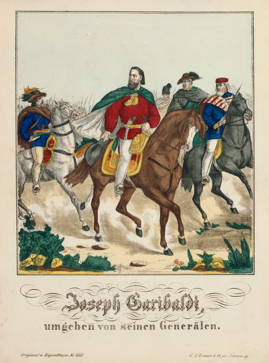 Giuseppe Garibaldi obklopen svými generály, vydal G.N. Renner, Norimberk, 1866 od German School