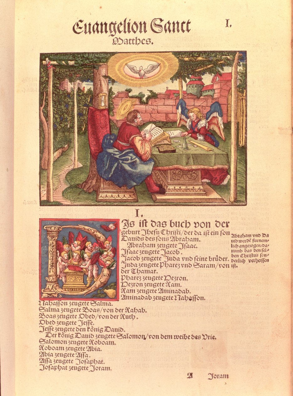 Evangelium sv. Matouše, kniha I, z Lutherovy bible, kolem roku 1530 (barevný dřevoryt) od German School