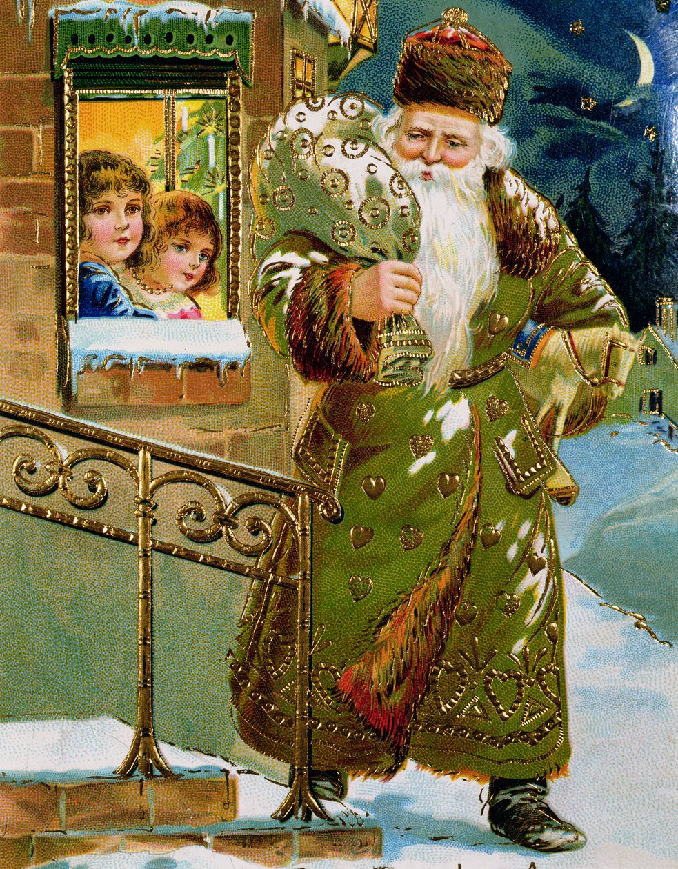 Santa Claus se zelenou houní, německá pohlednice, cca 1900 (tisk) od German School