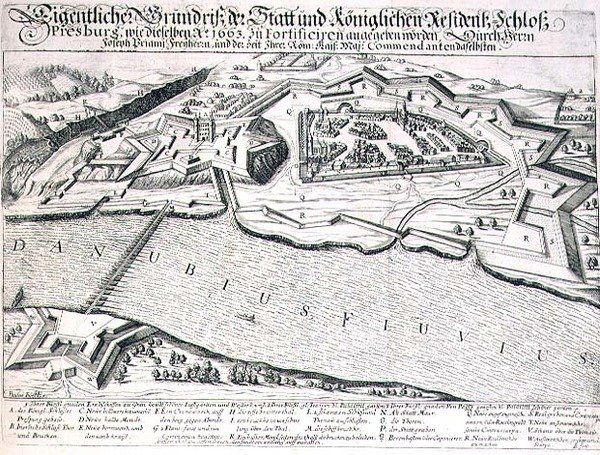 Půdorys města a hradu Pressburg a jeho opevnění v roce 1663, ilustrace z knihy o osmanských taženích v Evropě, rytina Paula Fursta (asi 1605-66) (rytina) od German School