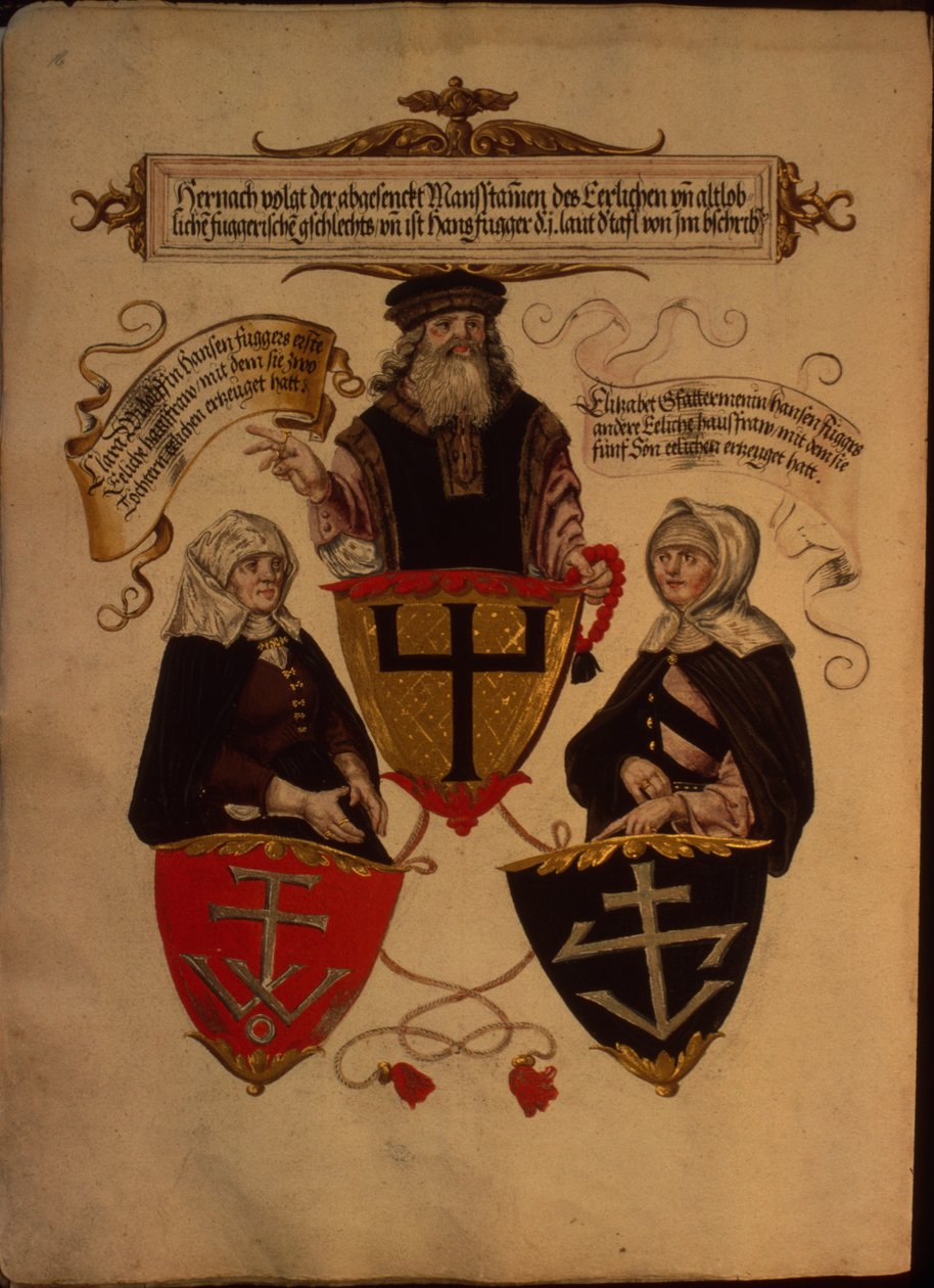 Hans Fugger a jeho dvě manželky Clara Widolfová a Elisabeth Gfattermannová, z Tajné knihy cti rodiny Fuggerů. od German School