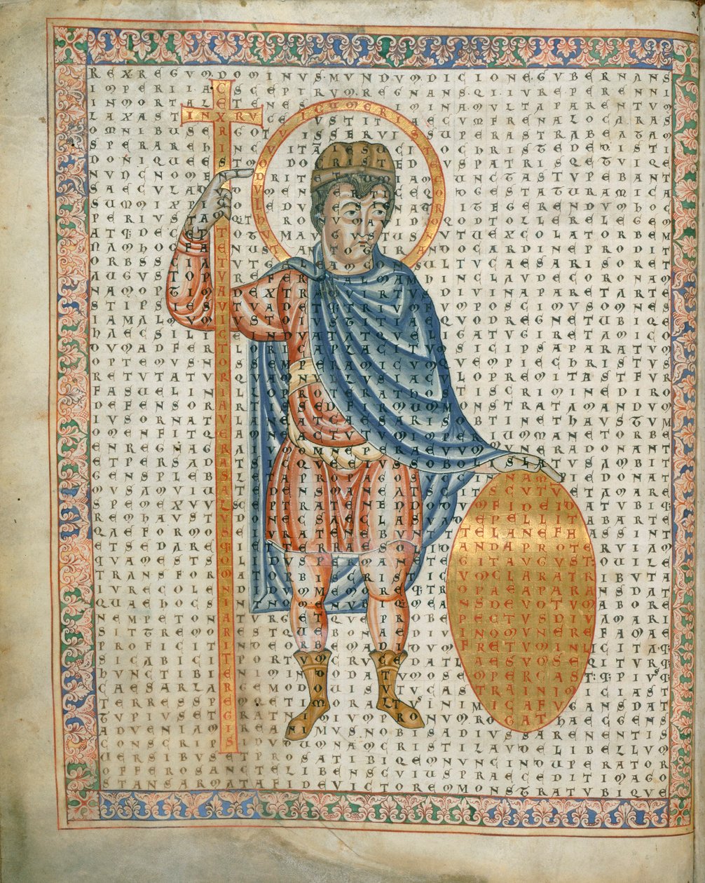 Harley 3045 fol.2 Císař Ludvík I., zbožný, držící kříž a štít, z 