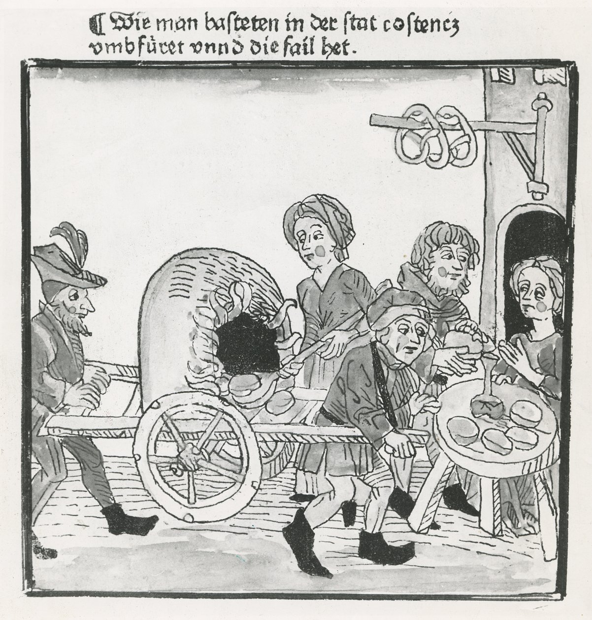 Hawker of Palačinky a preclíky, během Kostnického koncilu v roce 1417, po prvotisku, kolem roku 1485 (pero a inkoust na papíře) od German School