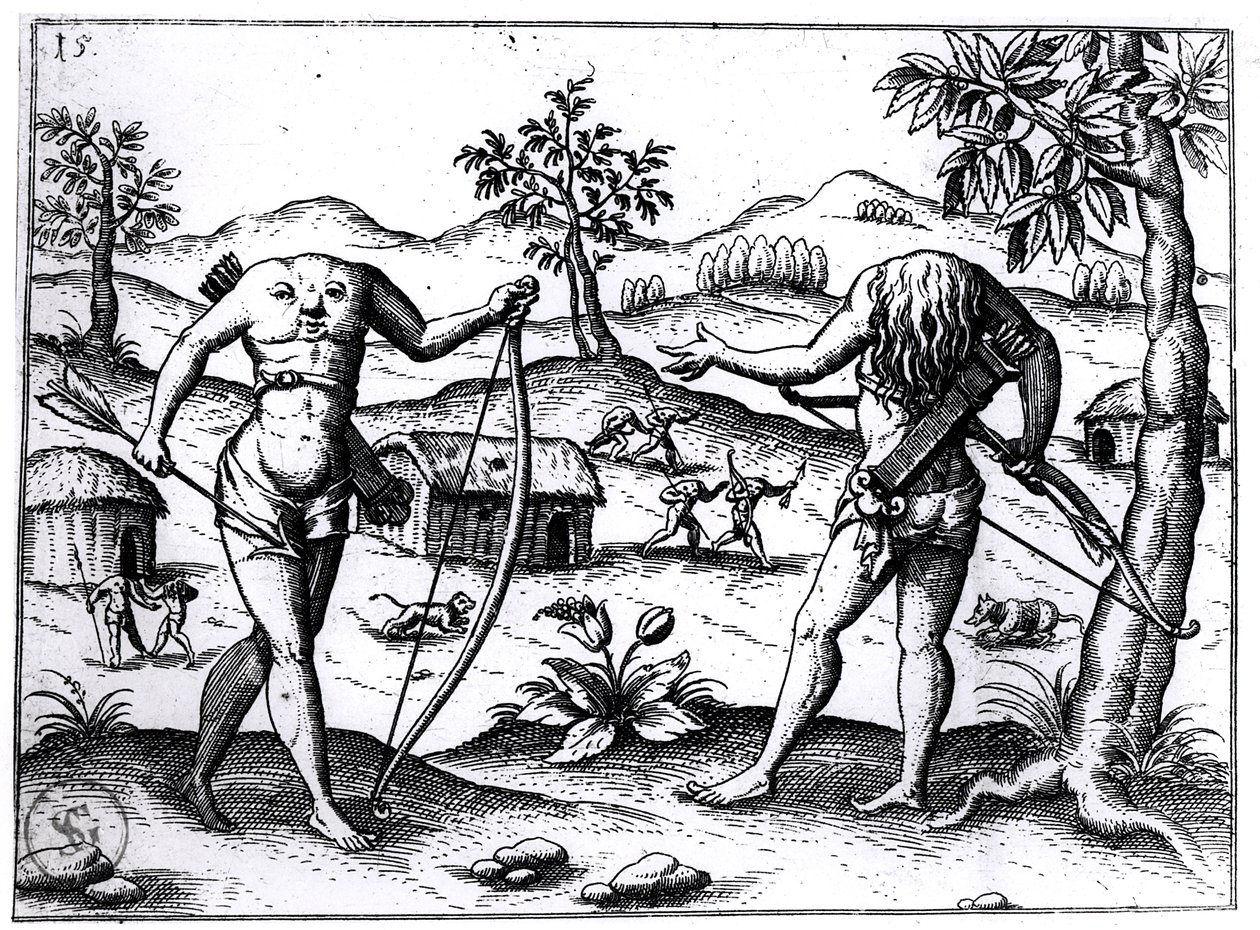Bezhlaví muži a ženy, ilustrace z popisu sira Waltera Raleigha o Guyaně, publikovaného v Norimberku, 1599 od German School
