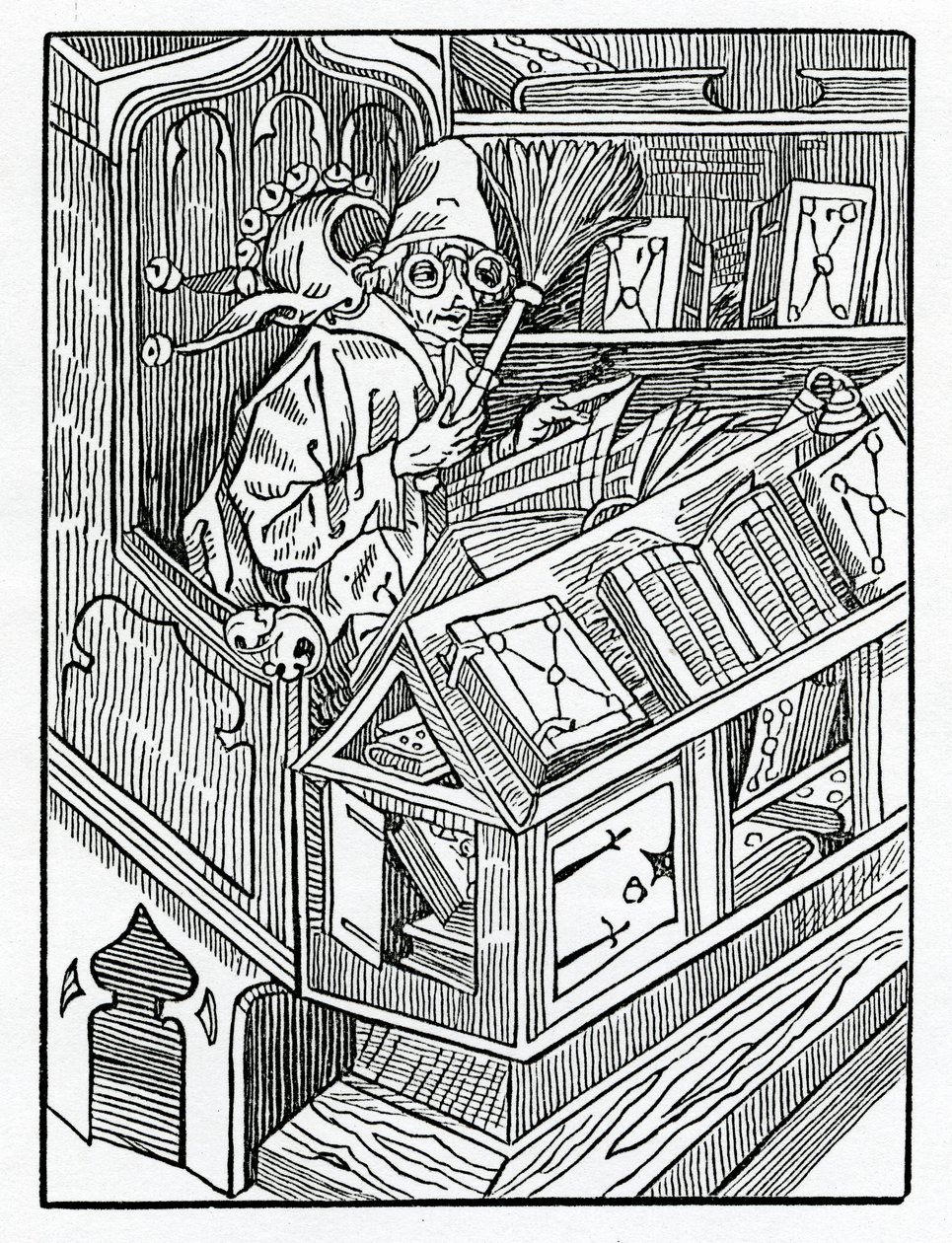 Zde začínají blázni a první nezničitelné boky, ilustrace z anglického překladu Alexandra Barclaye „The Ship of Fools“, z vydání vydaného v roce 1874 od German School