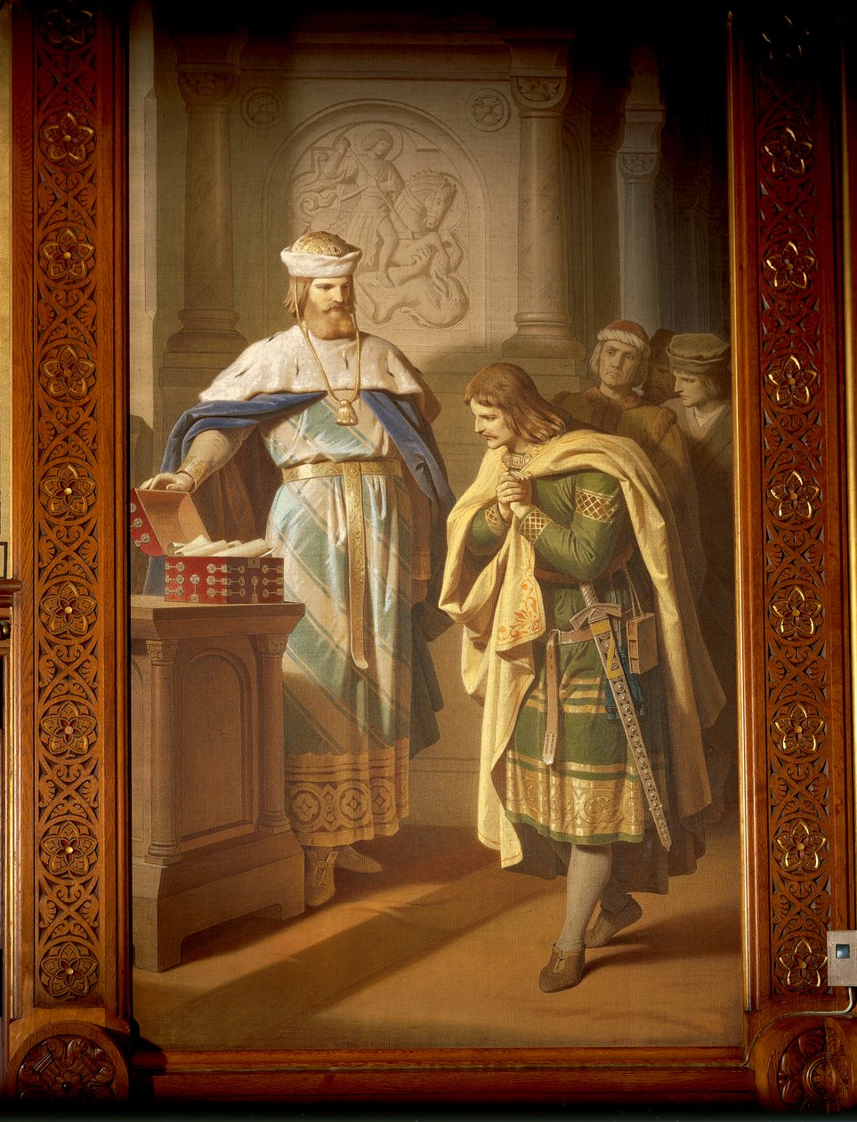Hermann von Thuringen vrací básníkovi nově nalezený rukopis „Aneide“ z Tannhauserovy ságy (olej na plátně) od German School