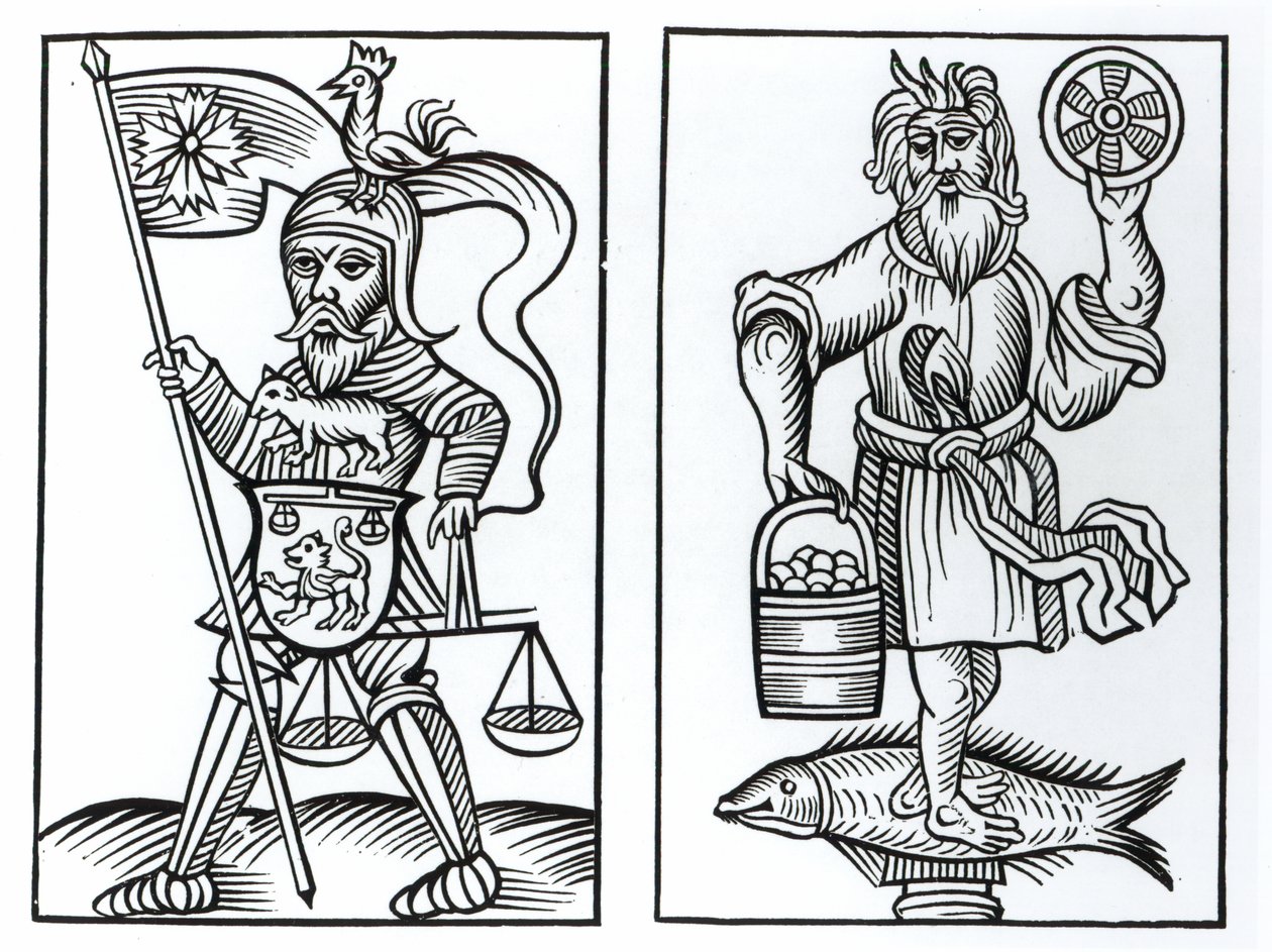 Hermensul nebo Irminsul (vlevo) a Crodon (vpravo) idoly starověkých Sasů, podle dřevorytu v Annales Circuli Westphalia od Hermana Stangefola, publikovaném 1656 od German School