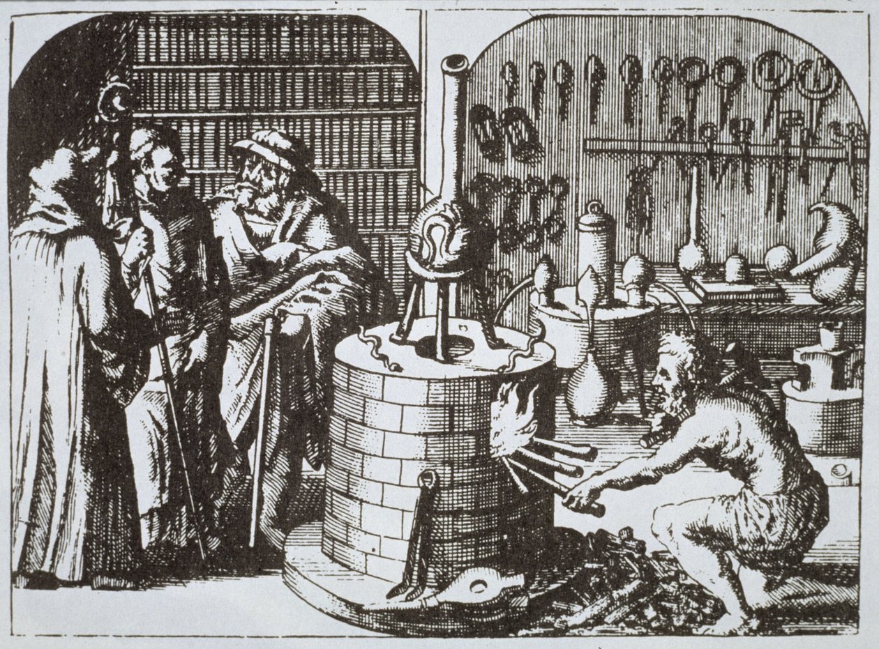 Hermetičtí filozofové a alchymista z Musea Hermeticum od Michaela Majera (1625) ilustrovaný v historii magie publikované koncem 19. od German School