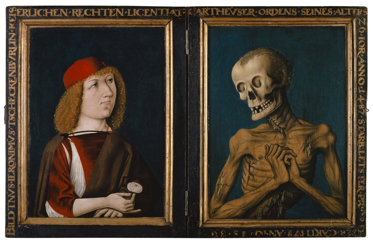 Hieronymus Tscheckenbürlin a zosobnění smrti, 1487 (smíšená technika na lipovém dřevě) od German School
