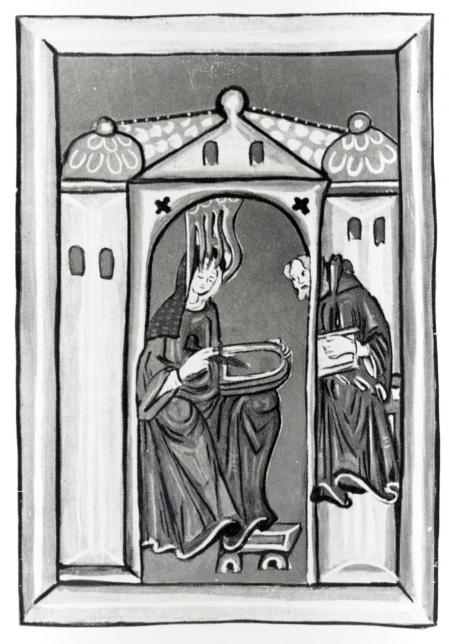 Hildegarda z Bingenu přijímající světlo z nebe, kolem 1151 (vellum) (černobílá fotografie) od German School