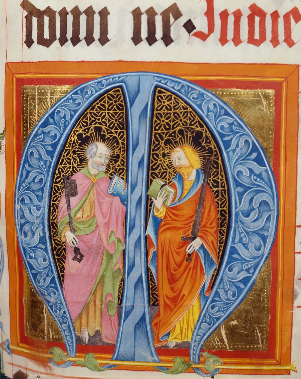 Historická iniciála M se svatými Petrem a Pavlem, z graduálu Friedricha Zollnera z Langenzennu, 1439-42 od German School