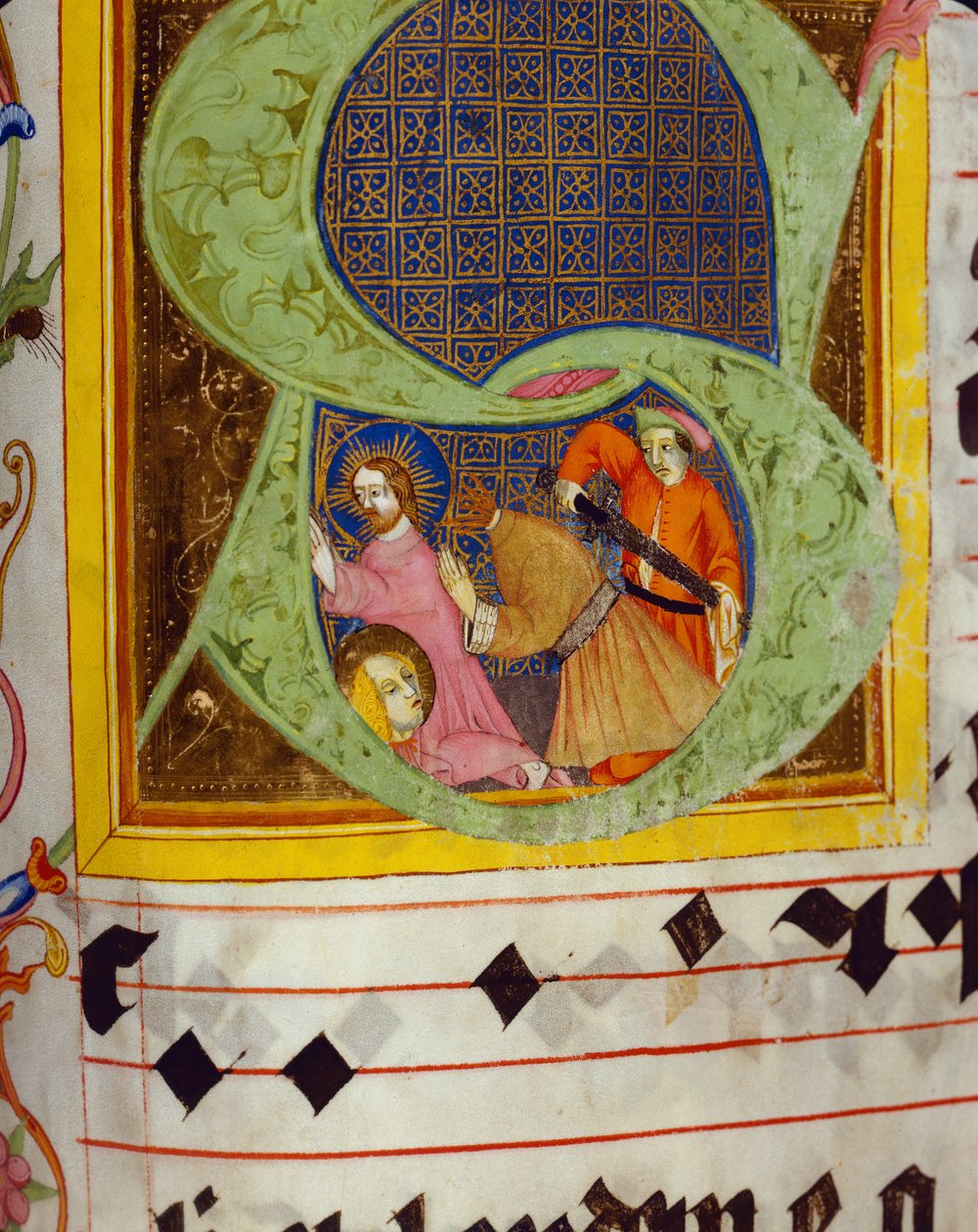 Historizovaná iniciála S s dekolonizací svatého Jana Křtitele z graduálu Friedricha Zollnera z Langenzennu, 1439-42. od German School