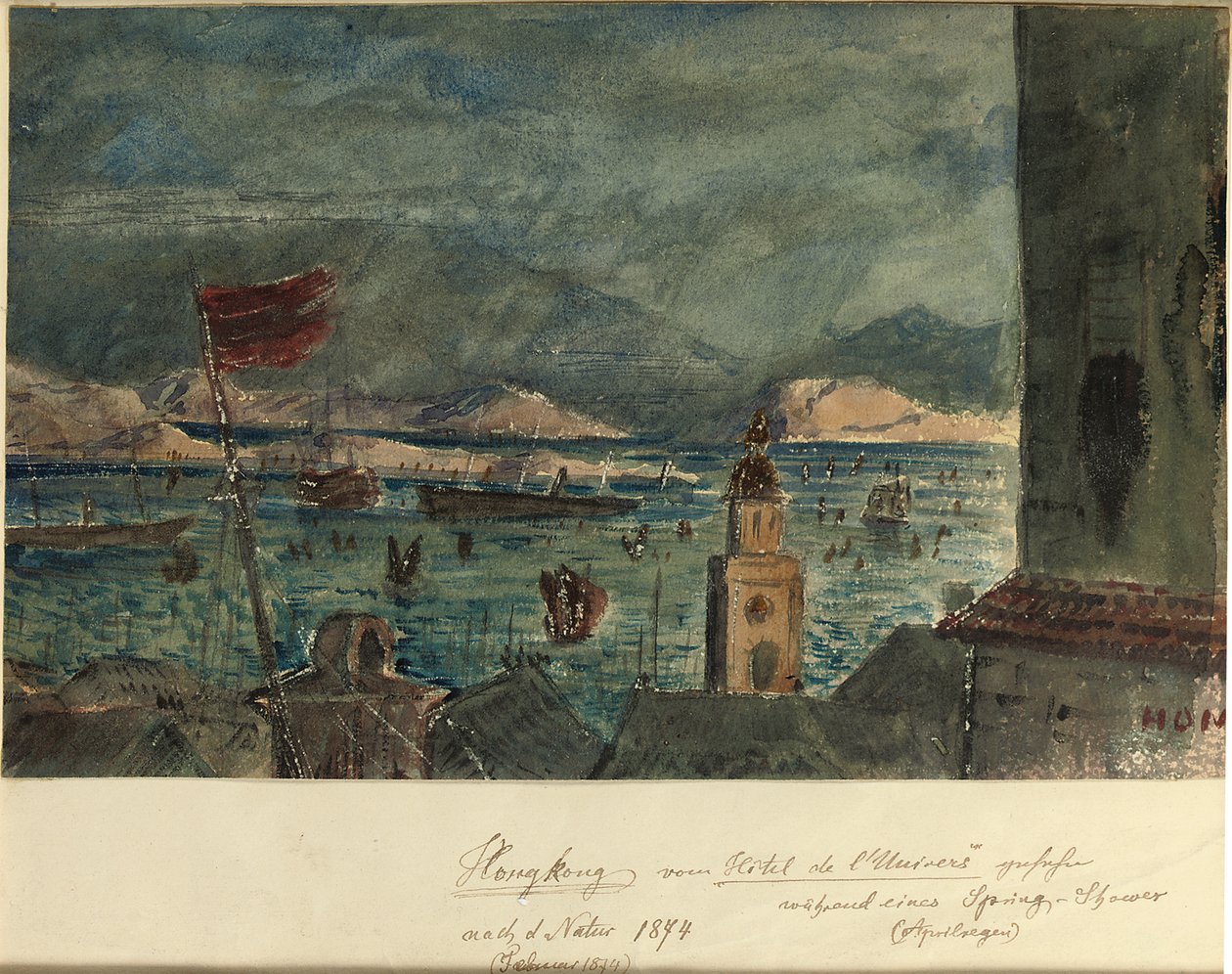 Hong Kong z Hotel de l"Univers: Duben v Asii, 1874 od German School