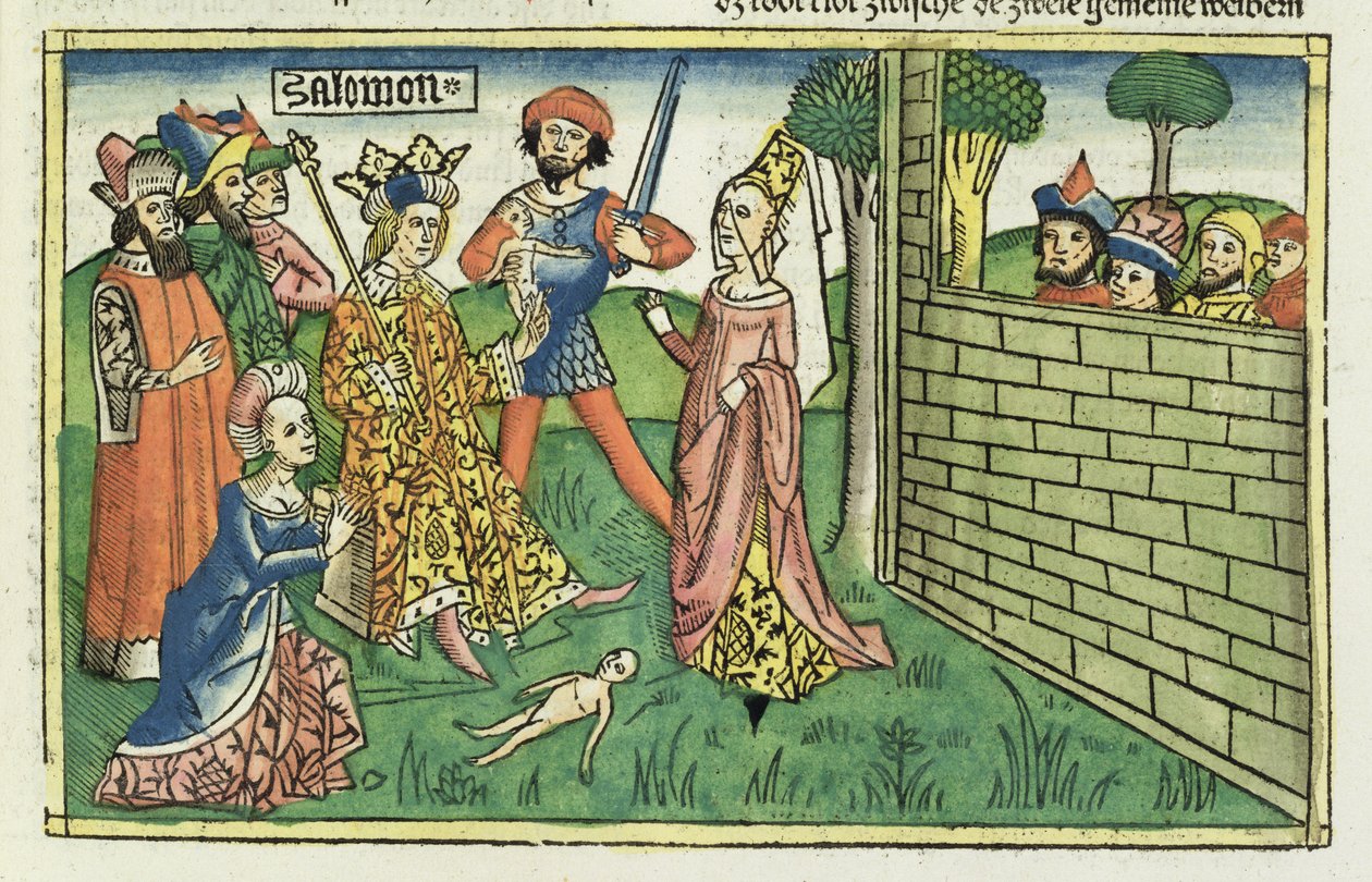 I Kings 3 16-28 Soud of Solomon, z norimberské Bible (Biblia Sacra Germanaica) (barevný dřevoryt) od German School