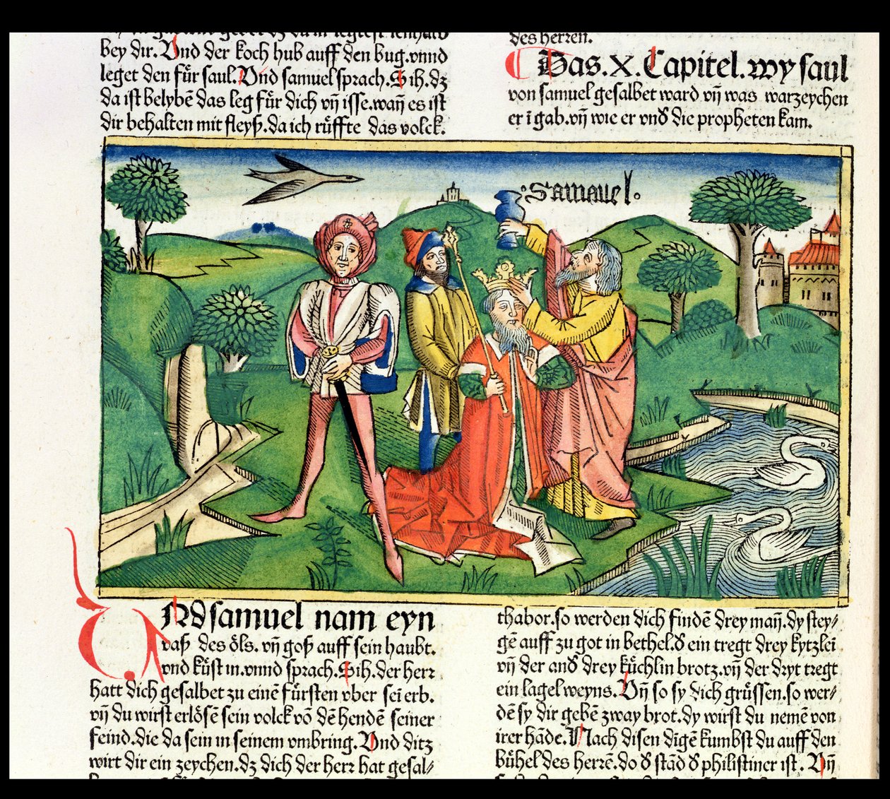 I Samuel 10 Korunovace a pomazání Saula, z norimberské bible (Biblia Sacra Germanica) (barevný dřevoryt) od German School