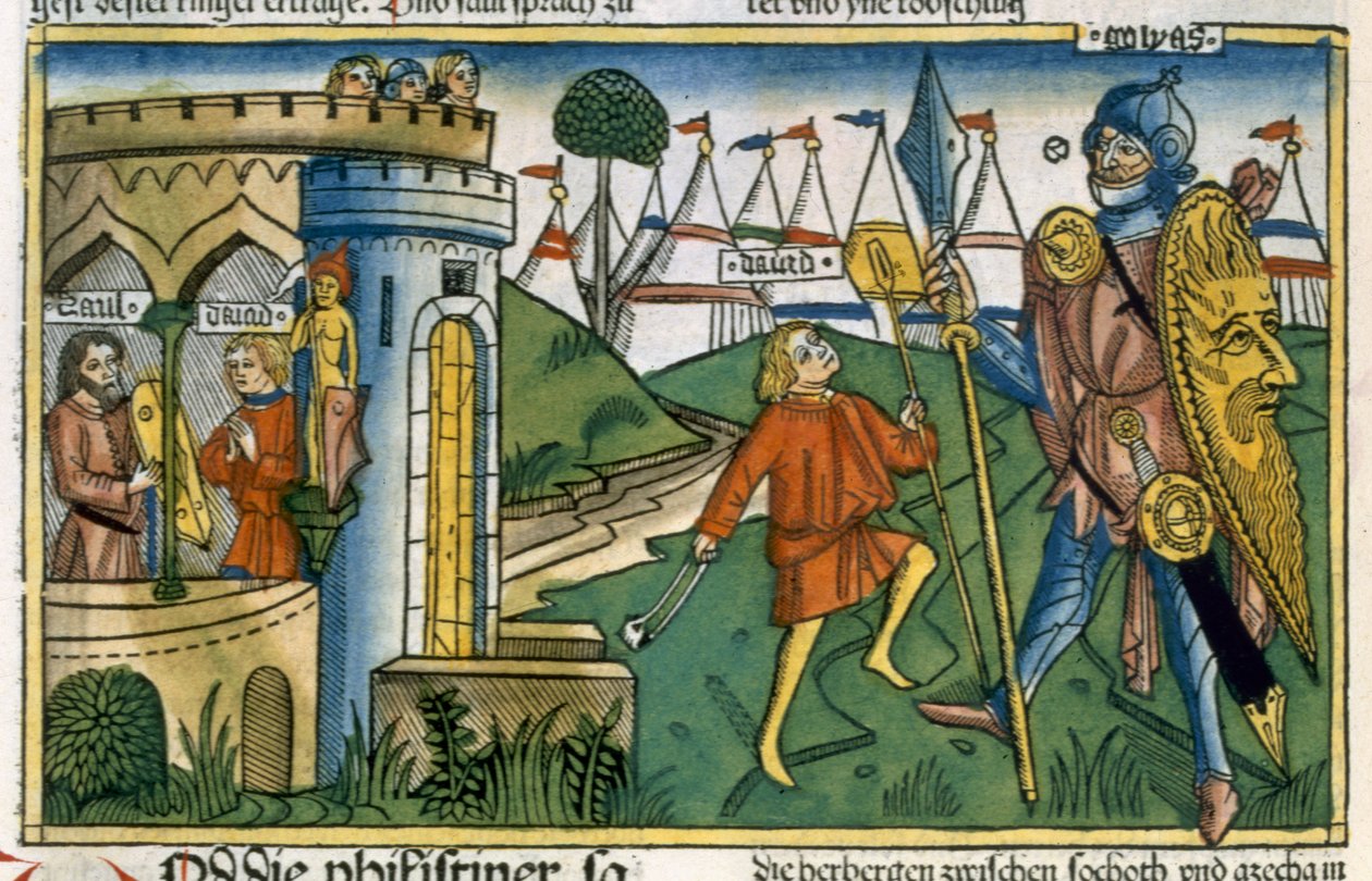 I Samuel 17 1-58 David porazí Goliáše a potká Saula, z norimberské bible (Biblia Sacra Germanaica) (barevný dřevoryt) od German School
