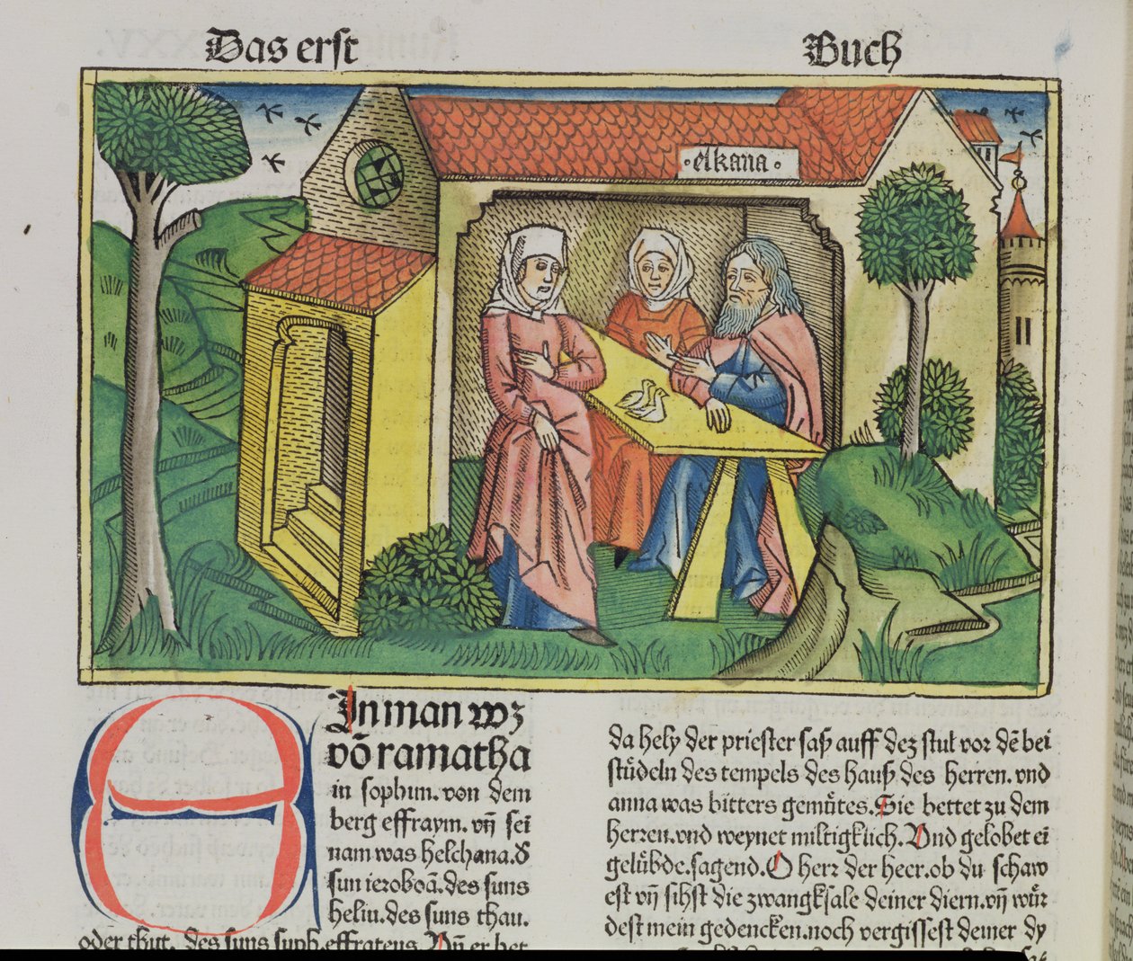 1 Samuel 1:8 Elkanah utěšuje Hannah, z norimberské bible (Biblia Sacra Germanaica) (barevný dřevoryt) od German School