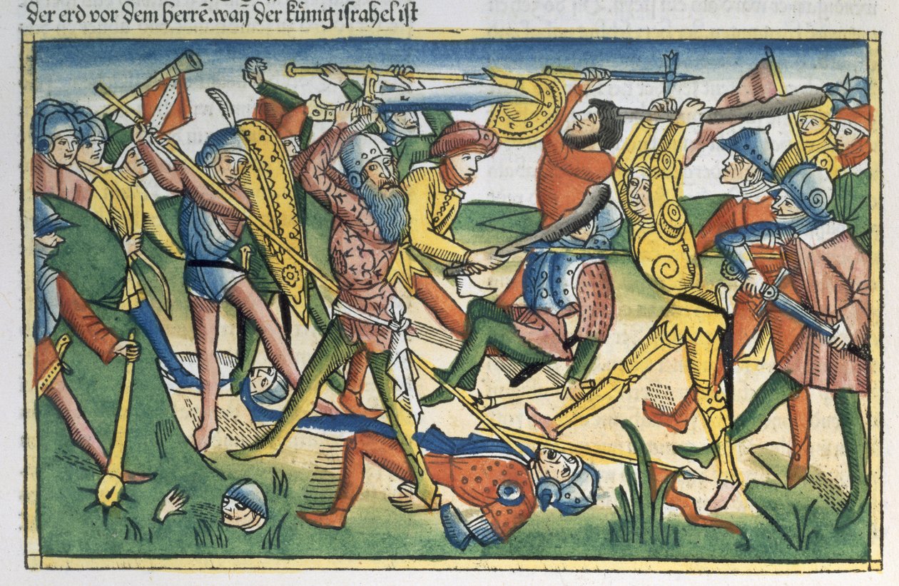 I Samuel 28 1-2 Válka Pelištejců proti Izraeli, z norimberské bible (Biblia Sacra Germanaica) (barevný dřevoryt) od German School