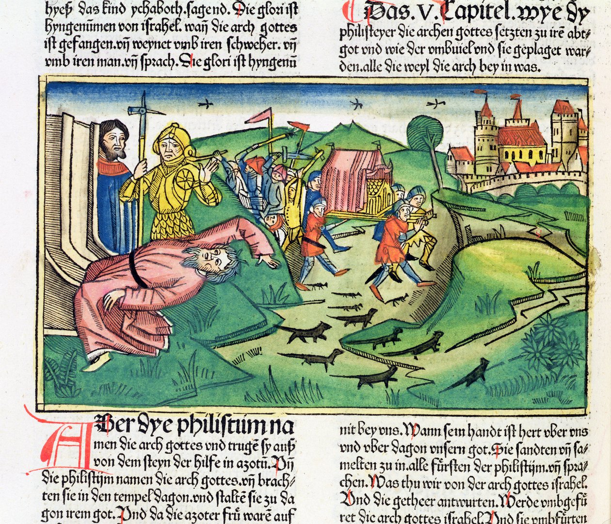 I Samuel 5:1-11 Pelištejci se zmocní archy a jsou zasaženi morem, z norimberské bible (Biblia Sacra Germanaica) (barevný dřevoryt) od German School