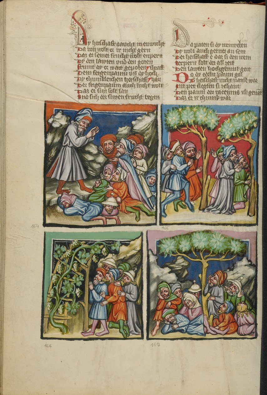 Iluminace z Weltchronik Ms 33 fol. 135v, cca 1400-10 (tempera, zlatá a stříbrná barva, inkoust na pergamenu) od German School
