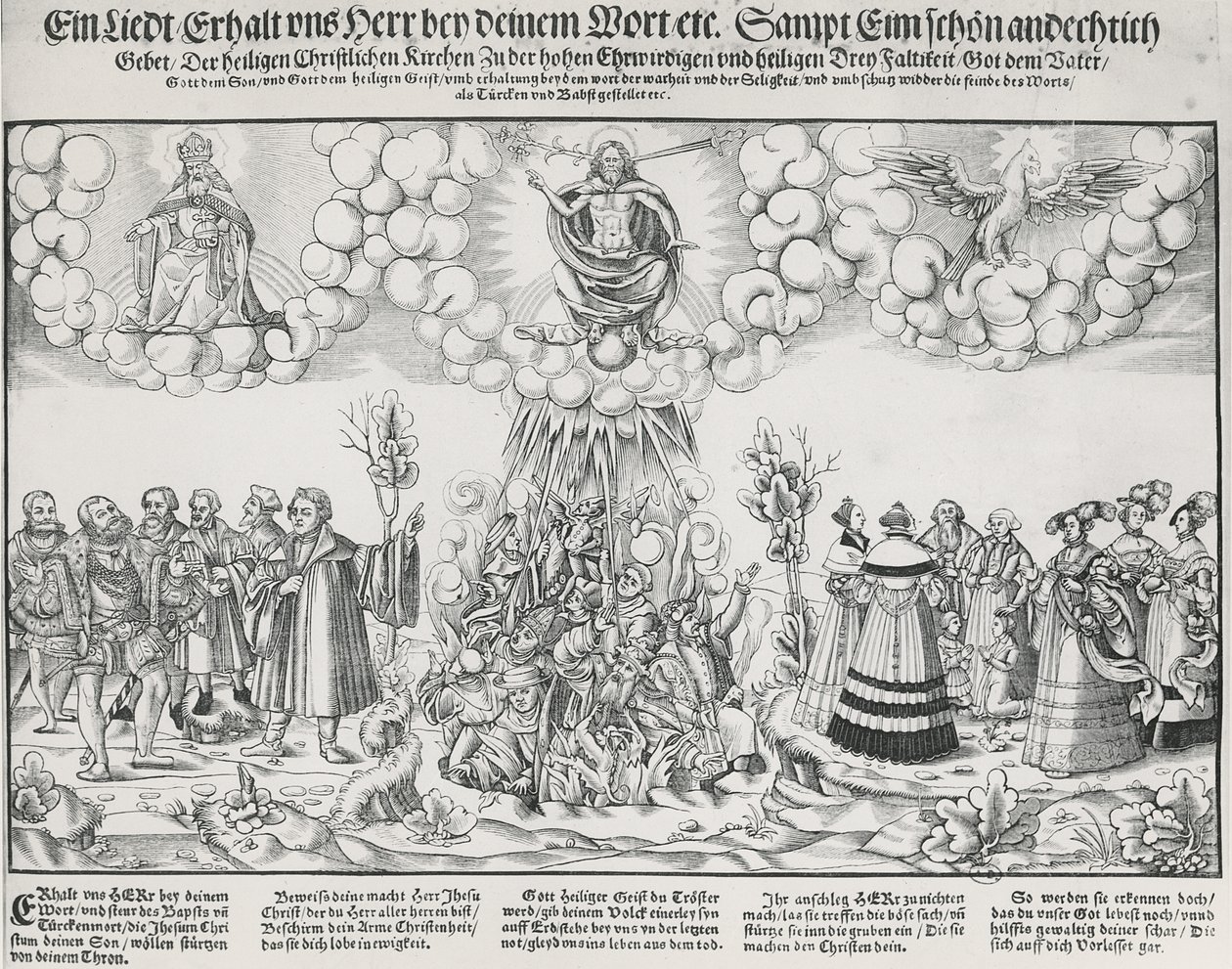 Ilustrace hymny Martina Luthera prosící o pomoc Boží proti smrtícímu dílu papeže od German School
