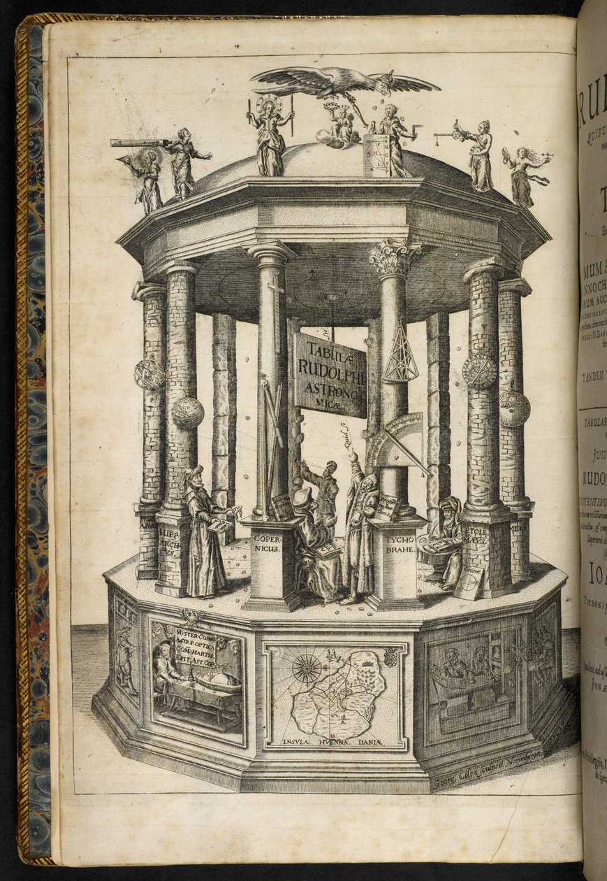 Ilustrovaný frontispice zobrazující chrám Urania, múzy astronomie, z „Tabulae Rudolphinae, quibus astronomicae scientiae“ od Johannese Keplera od German School
