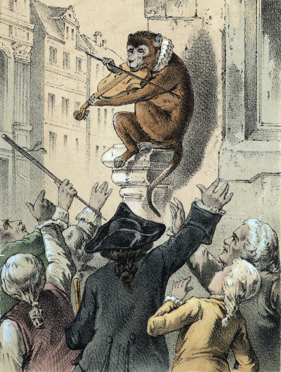 Ilustrace pohádek Franze Hoffmanna „“ Příběhy a bajky – Opice a housle““: opice hrající na housle před davem. Chromolitografie 19. století. od German School