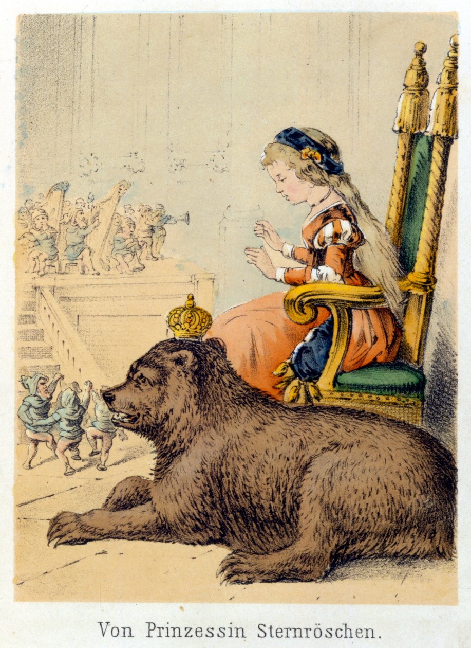 Ilustrace pohádek Franze Hoffmanna „“Příběhy a bajky – Von Prinzessin Sternr¿schen“”: princezna vedle královského medvěda. Chromolitografie 19. století. od German School