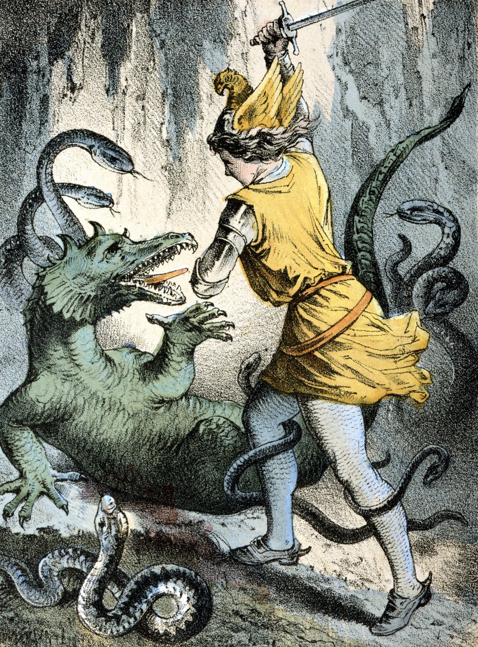 Ilustrace pohádek Franze Hoffmanna „“Příběhy a bajky““: „“ Von Wunderhold und Tausendsch¿n““ (muž zabíjející příšeru nebo draka). Chromolitografie 19. století. od German School